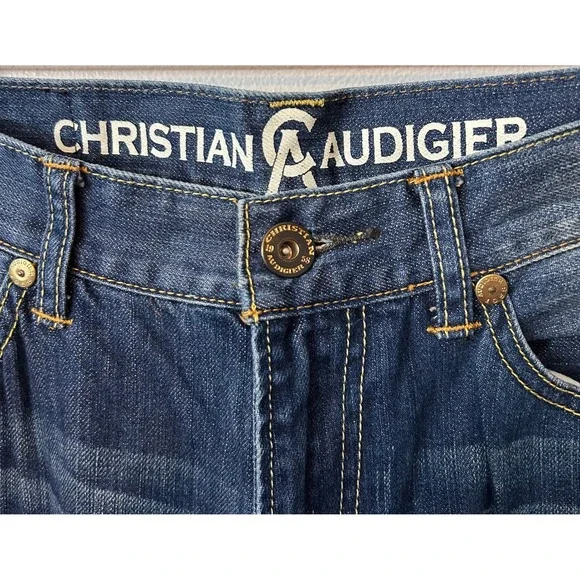 Christian Audigier Mens 33x29 Distressed Blue Designer Jeans‎ Y2K Streetwear - Picture 4 of 11